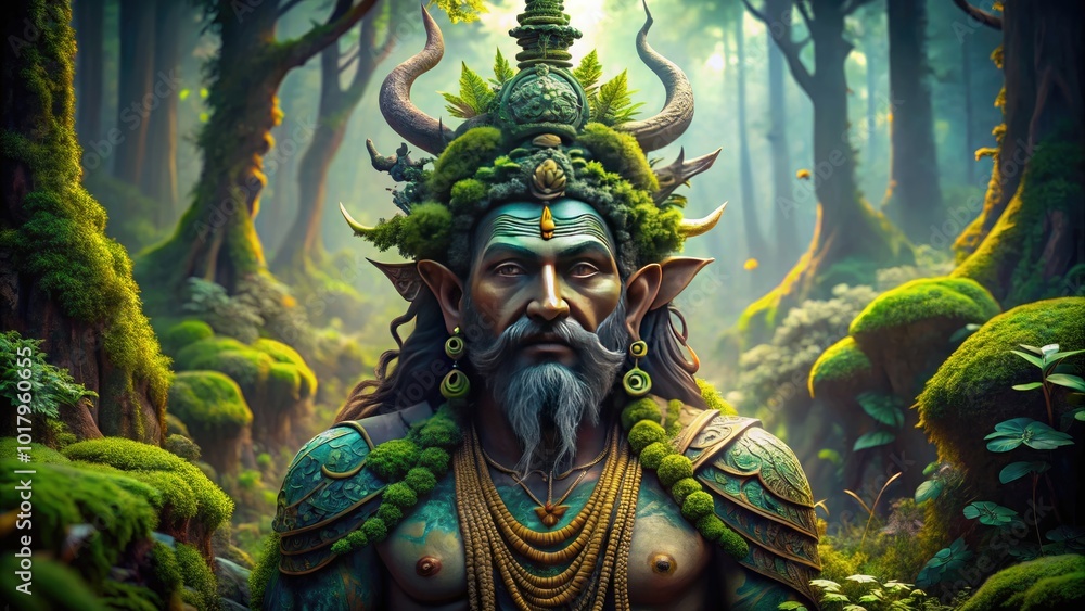 Fototapeta premium Majestic god of the forest surrounded by lush greenery, ancient trees, and serene woodland atmosphere