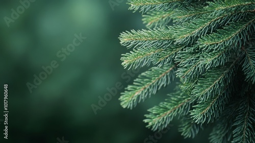 Close-up view of lush green pine tree branches against a blurred forest backg...
