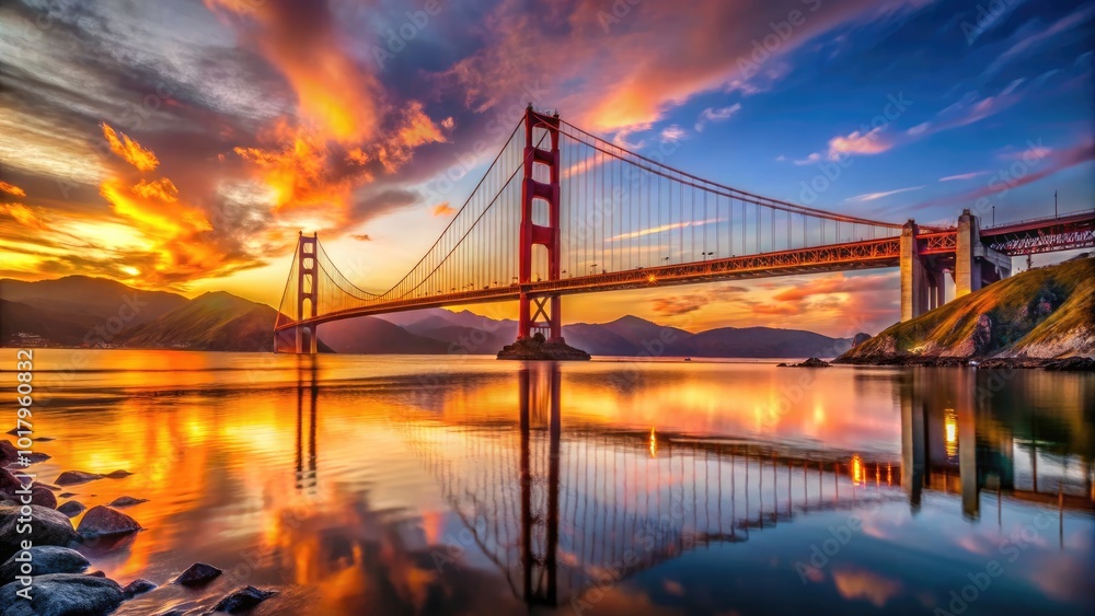 Majestic Golden Gate Bridge at Sunset with Vibrant Sky and Reflections on Water Below Majestic Golden Gate Bridge at Sunset with Vibrant Sky and Reflections on Water Below