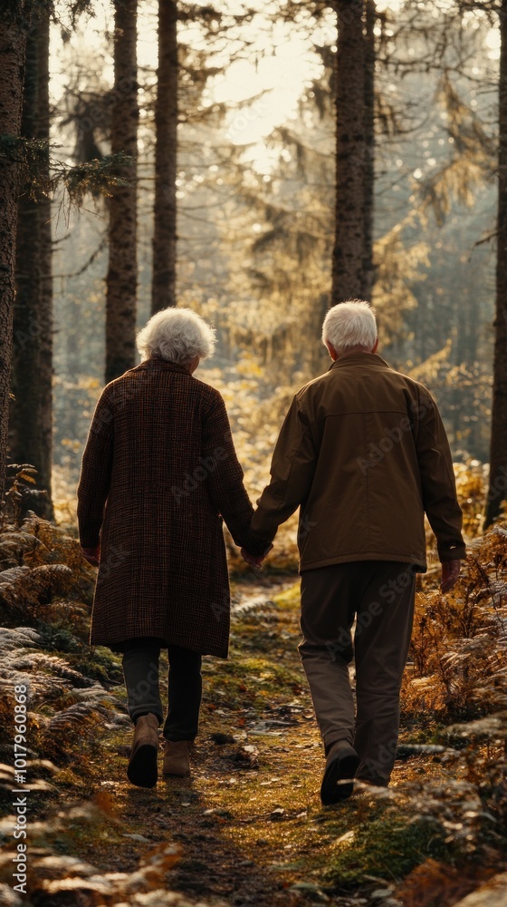 An elderly couple walks hand-in-hand through a serene forest path, surrounded by autumn foliage. An elderly couple walks hand-in-hand through a serene forest path, surrounded by autumn foliage.