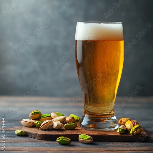 Refreshing golden beer served with a scattered pile of salty pistachios on a ...
