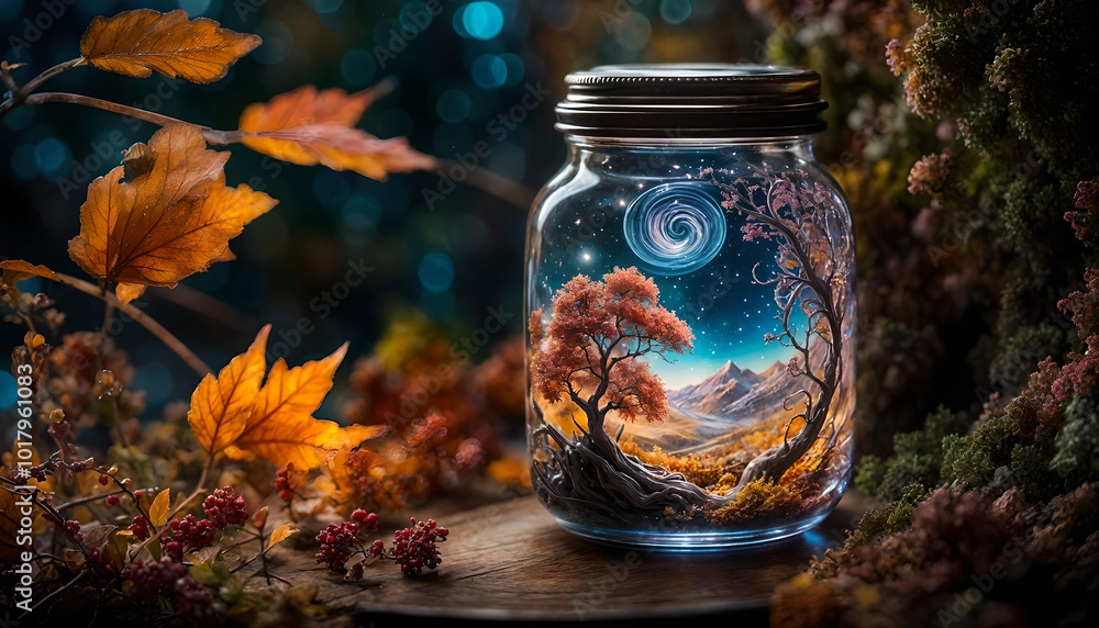 Autumn preserve in a jar. Concept of autumn, preserved memories, passing seasons, changing colours. Digital illustration. CG Artwork Background Autumn preserve in a jar. Concept of autumn, preserved memories, passing seasons, changing colours. Digital illustration. CG Artwork Background