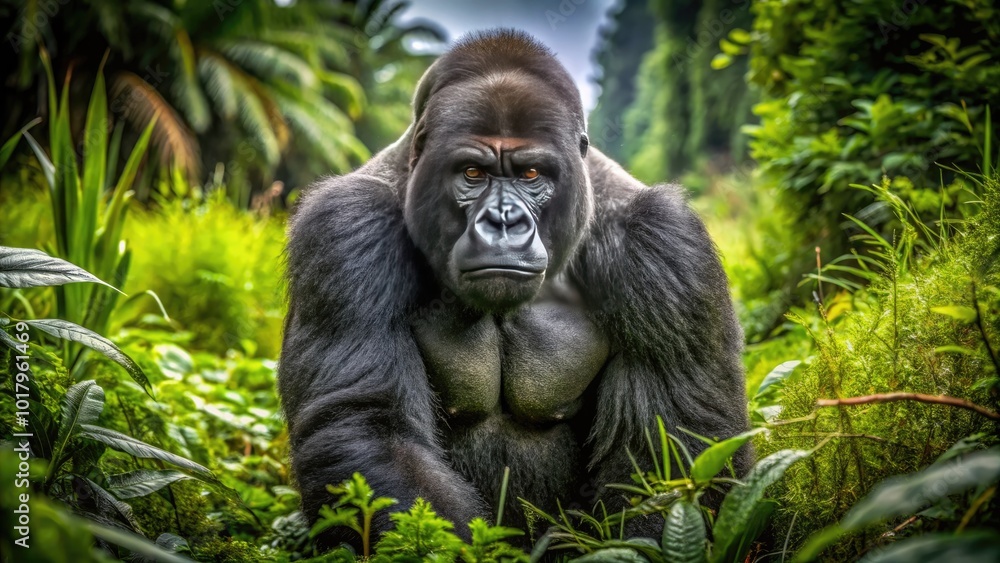 Majestic Gorilla in Natural Habitat Displaying Strength and Intelligence in Lush Green Environment