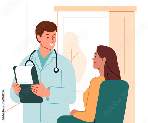 Doctor talking to woman patient. Health worker examine patients health in hospital, clinic. Medical consultation, examination, checkup concept. Vector illustration.
