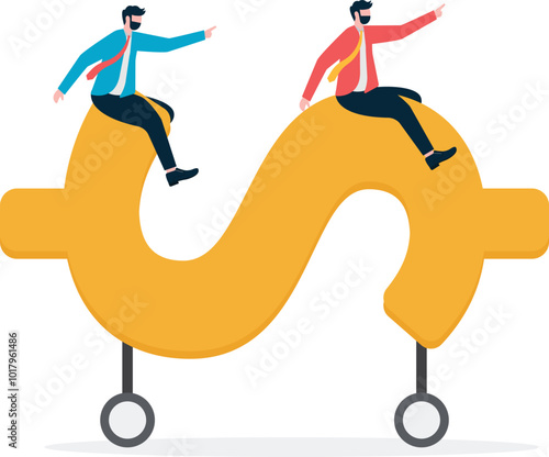 Businessman riding forward on a dollar sign mounted on a spring device