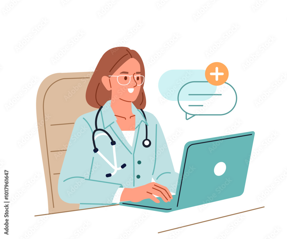Female doctor physician in medical office typing on laptop. Hospital staff at work. Healthcare and medicine concept. Vector illustration. Female doctor physician in medical office typing on laptop. Hospital staff at work. Healthcare and medicine concept. Vector illustration.