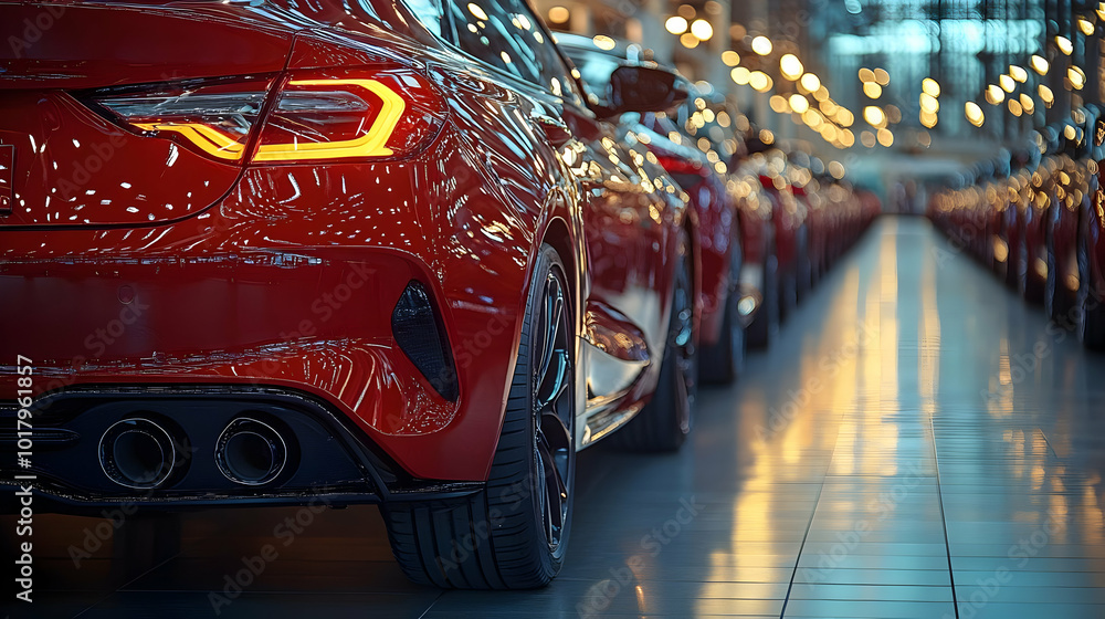 A row of red cars in a well-lit automotive showroom. A row of red cars in a well-lit automotive showroom.
