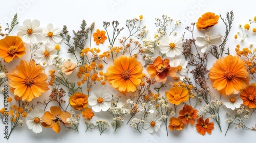 Vibrant orange and white floral arrangement displayed on a clean surface in n...