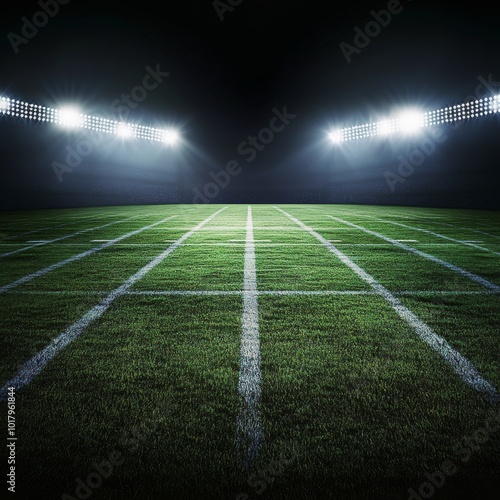 Bright stadium lights illuminate an empty football field during nighttime in ...