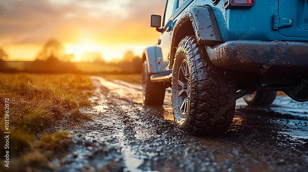 A rugged vehicle parked on a muddy path during sunset. A rugged vehicle parked on a muddy path during sunset.
