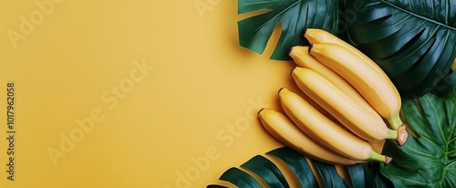 Yellow bananas with tropical leaves on vibrant yellow background in a bright ...