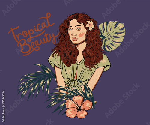 beautiful girl wit tropical flower vector art, retro vintage tropical women illustration, summer vacation artwork for t shirt, poster, graphic print, 