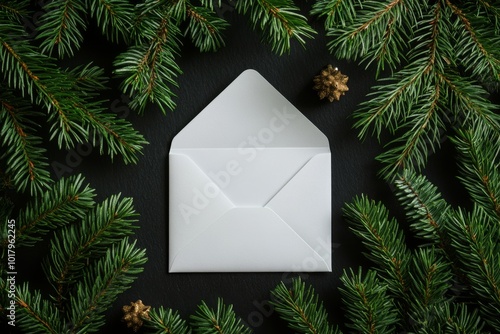 White envelope surrounded by evergreen branches on a dark surface during the ...