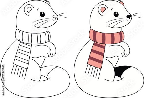 Cute ermine outline coloring page. Christmas and Winter animal illustration