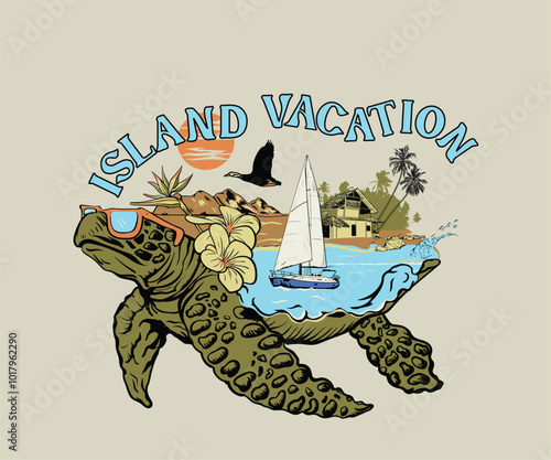 retro summer island vacation vector design, summer beach resort on turtle vector art, tropical beach artwork for t shirt, poster, graphic print, 