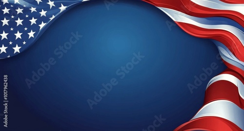 Vibrant portrayal of American flag elements with flowing red, white, and blue...