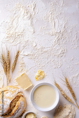 Preparing dough with flour, milk, butter, and grains for homemade baked goods