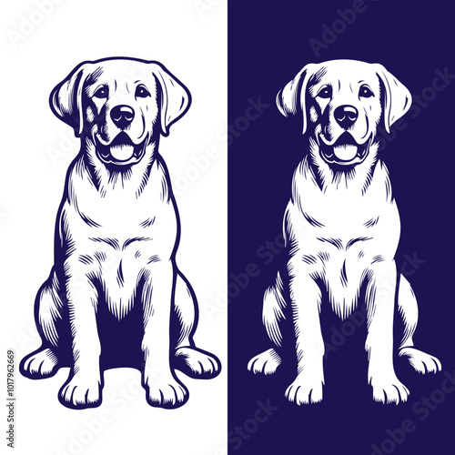 Labrador Retriever sitting pose silhouette vector outlines on white background, Labrador Retriever sitting front and side poses, clean vector silhouettes, 