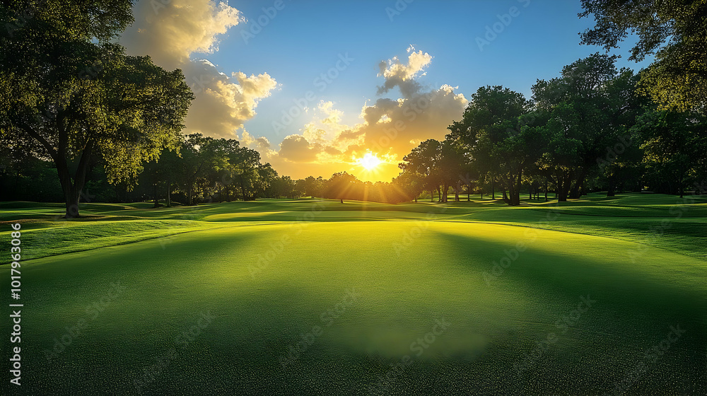 A serene golf course at sunset with vibrant green grass. A serene golf course at sunset with vibrant green grass.