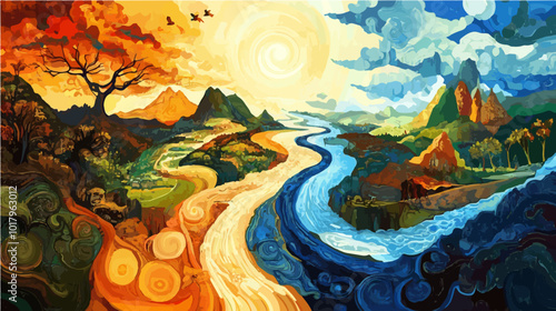 Vibrant landscape illustration showcasing an evolutionary timeline with phases of governance. Bold colors and surreal nature elements evoke a journey through time and human development.