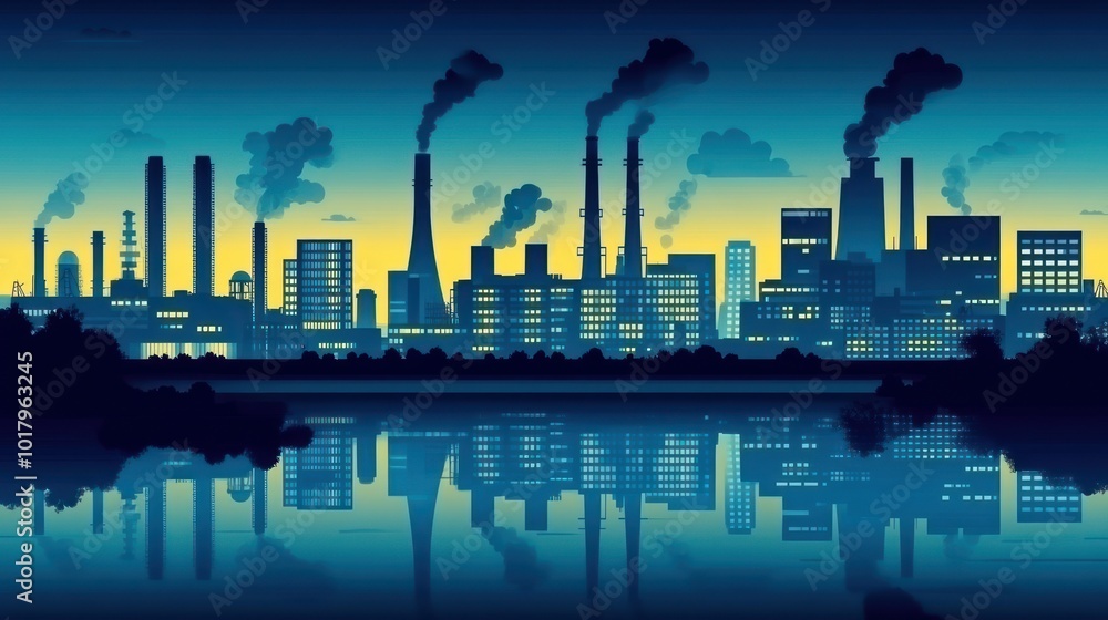 Urban Industrial Landscape at Dusk with Reflections in Water and Smoke Stacks Urban Industrial Landscape at Dusk with Reflections in Water and Smoke Stacks