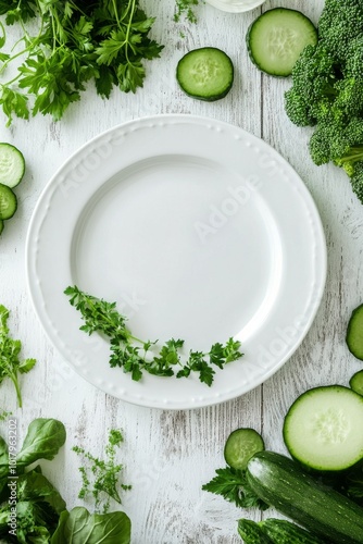 Fresh greens and vegetables surround an empty white plate on a wooden table
