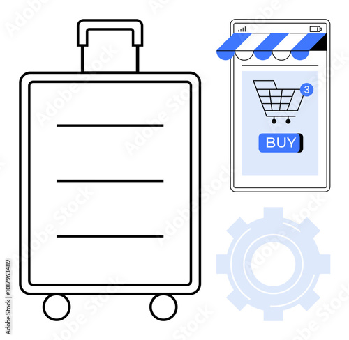 A minimalistic vector image of a suitcase next to smartphone displaying a shopping cart with a Buy button and a gear symbol. Ideal for e-commerce, travel, online shopping, digital transactions