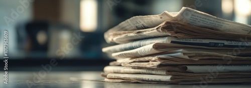 Stacked newspapers resting on a table in a cozy interior during the late morn...