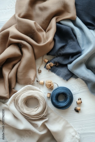 Artfully arranged soft fabrics and threads on wood for textile design inspira...