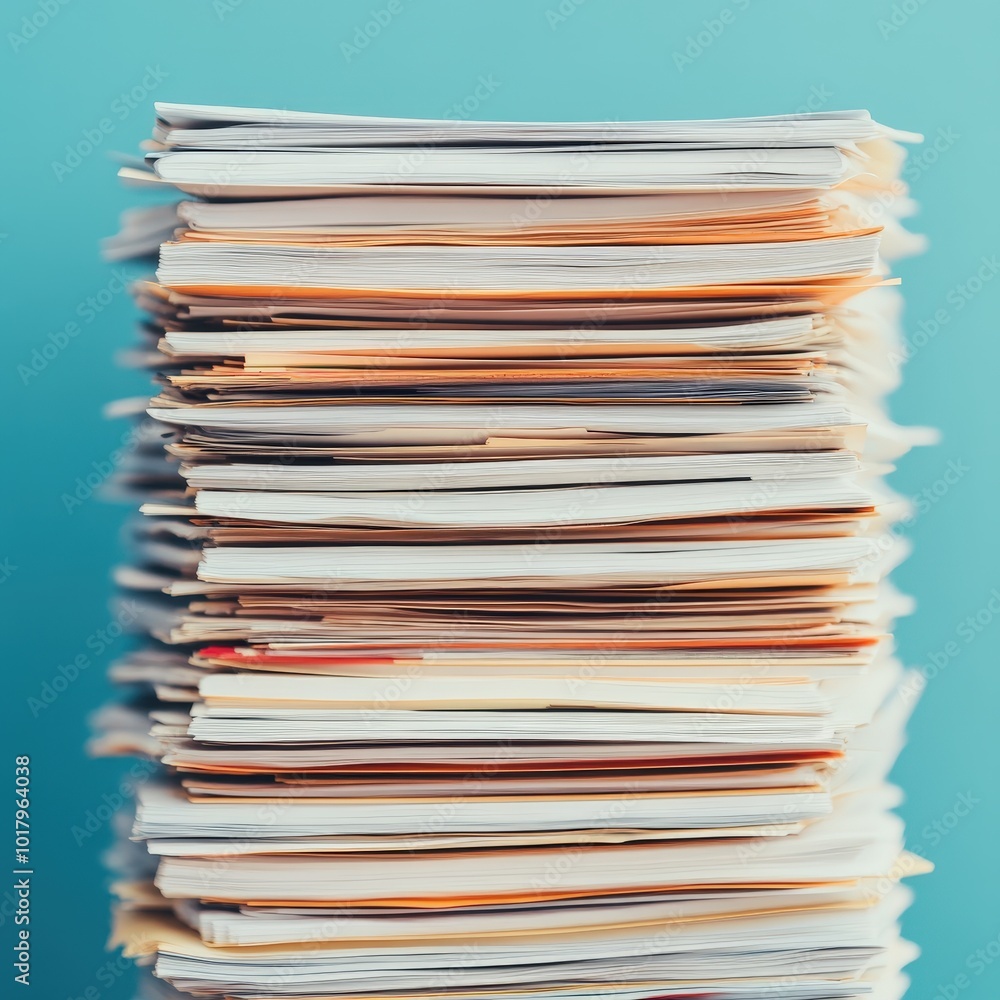 A close-up view of a disorganized stack of documents on a blue background. The image highlights the colors and textures of various paper types, ideal for office-related themes. A close-up view of a disorganized stack of documents on a blue background. The image highlights the colors and textures of various paper types, ideal for office-related themes.