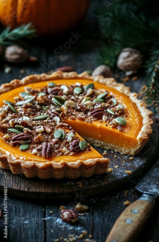 Delicious pumpkin pie with nuts and seeds on a rustic wooden table in autumn