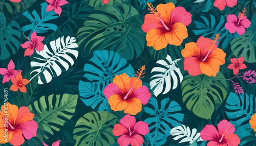 Tropical Paradise Pattern with Hibiscus and Monstera Leaves