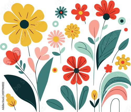 vector illustration of six stylized flowers in different shapes and colors on a white background