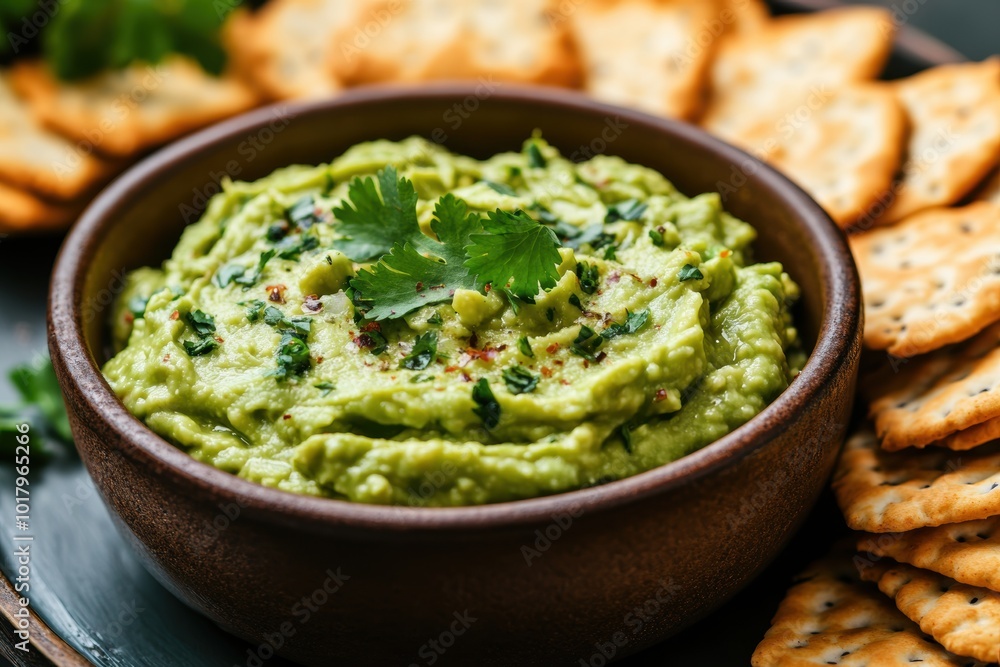 banner concept fresh homemade guacamole garnished with cilantro, served with an assortment of crackers a delightful snack spread banner concept fresh homemade guacamole garnished with cilantro, served with an assortment of crackers a delightful snack spread