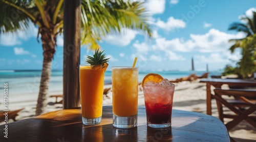 Refreshing tropical cocktails on a beachside table under a clear blue sky dur...