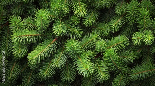 Lush green foliage of a coniferous plant thriving in a well-lit garden during springtime