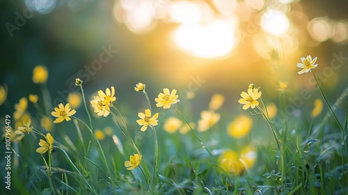 Bright yellow wildflowers bloom under the sun in a lush green meadow during g...