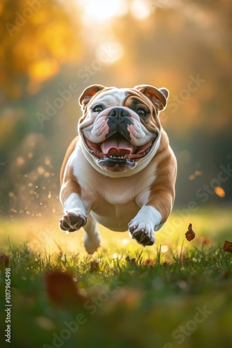 Happy bulldog running joyfully through a park during a sunny autumn afternoon