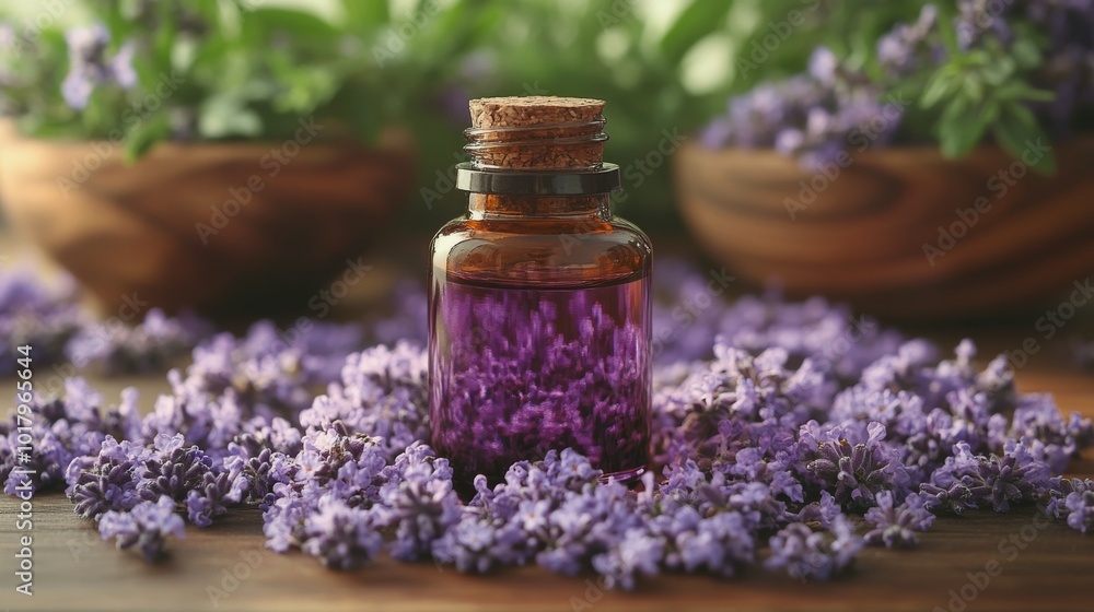 Lavender essential oils in amber bottles surrounded by fresh lavender flowers in wooden bowls Lavender essential oils in amber bottles surrounded by fresh lavender flowers in wooden bowls