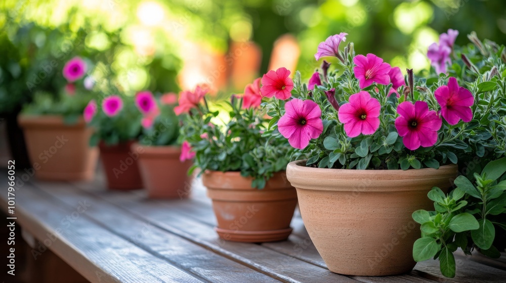Colorful petunias blooming in terracotta pots on a sunny garden table in springtime Colorful petunias blooming in terracotta pots on a sunny garden table in springtime