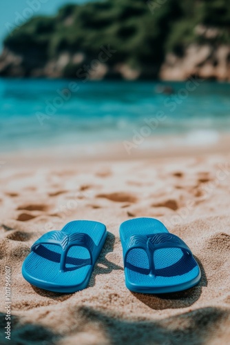 Relaxing beach view with blue flip-flops in the sand under palm trees on a su...