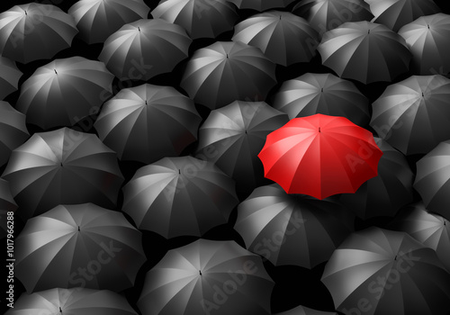 Background symbolizing individuality. Red umbrella among black ones. Conception of individuality in society. Background with umbrella that stands out from rest. Metaphor of personal opinion. 3d image