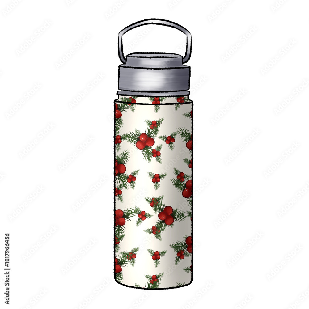 Stainless steel bottle with berries illustration on transparent background Stainless steel bottle with berries illustration on transparent background