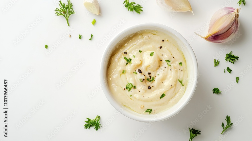 Creamy Garlic Sauce Presented on a White Background Creamy Garlic Sauce Presented on a White Background