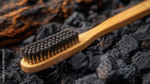 Bamboo toothbrush resting on a textured black stone surface in natural light