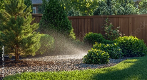 Sprinkler watering lush garden with vibrant greenery and landscaped rocks dur...
