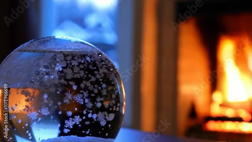 Christmas snow globe with snow falling in slow motion, featuring a burning fireplace in the background