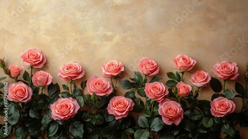 Beautiful pink roses in full bloom against a textured golden background in a ...