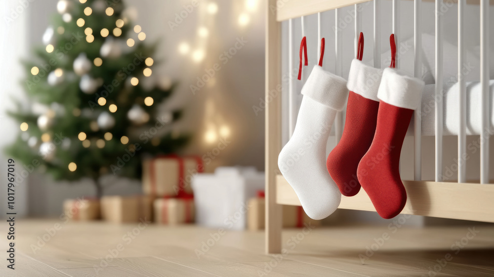 Fototapeta premium Cozy Christmas stockings hang in nursery, creating warm and festive atmosphere. soft colors and twinkling lights enhance holiday spirit, making it perfect setting for celebration