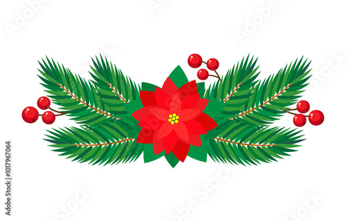 Christmas tree branches and Poinsettia flower. Christmas decoration. Color vector illustration in flat style. PNG with transparent background.